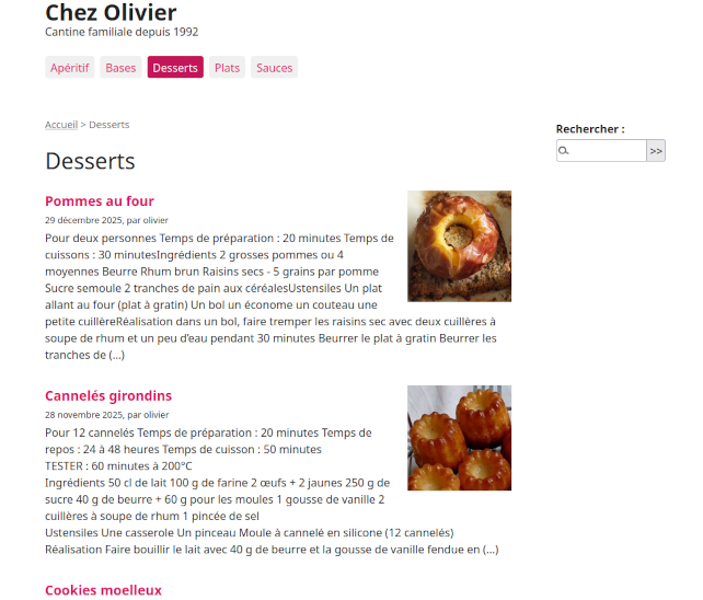 Illustration avec la page des desserts du site cooking avec le CMS Spip